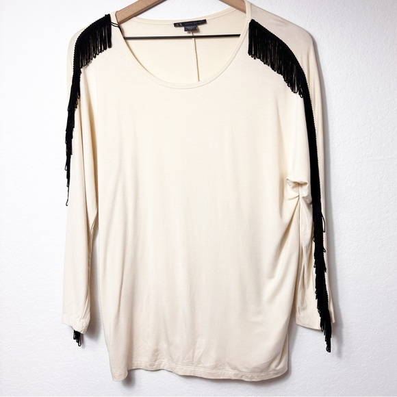 ARMANI EXCHANGE CREAM BLACK LONG SLEEVE FRINGE WOMEN BLOUSE SIZE SMALL NWT - Picture 1 of 6